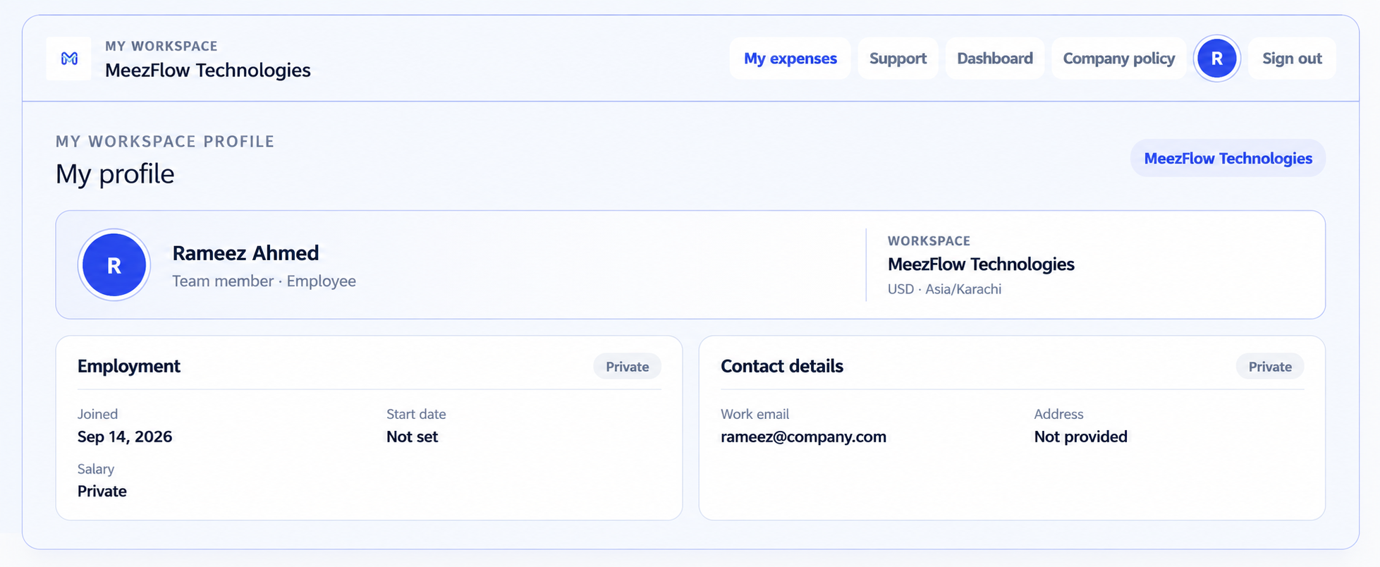 MeezFlow Employee Portal profile preview showing workspace, employment, and contact details.